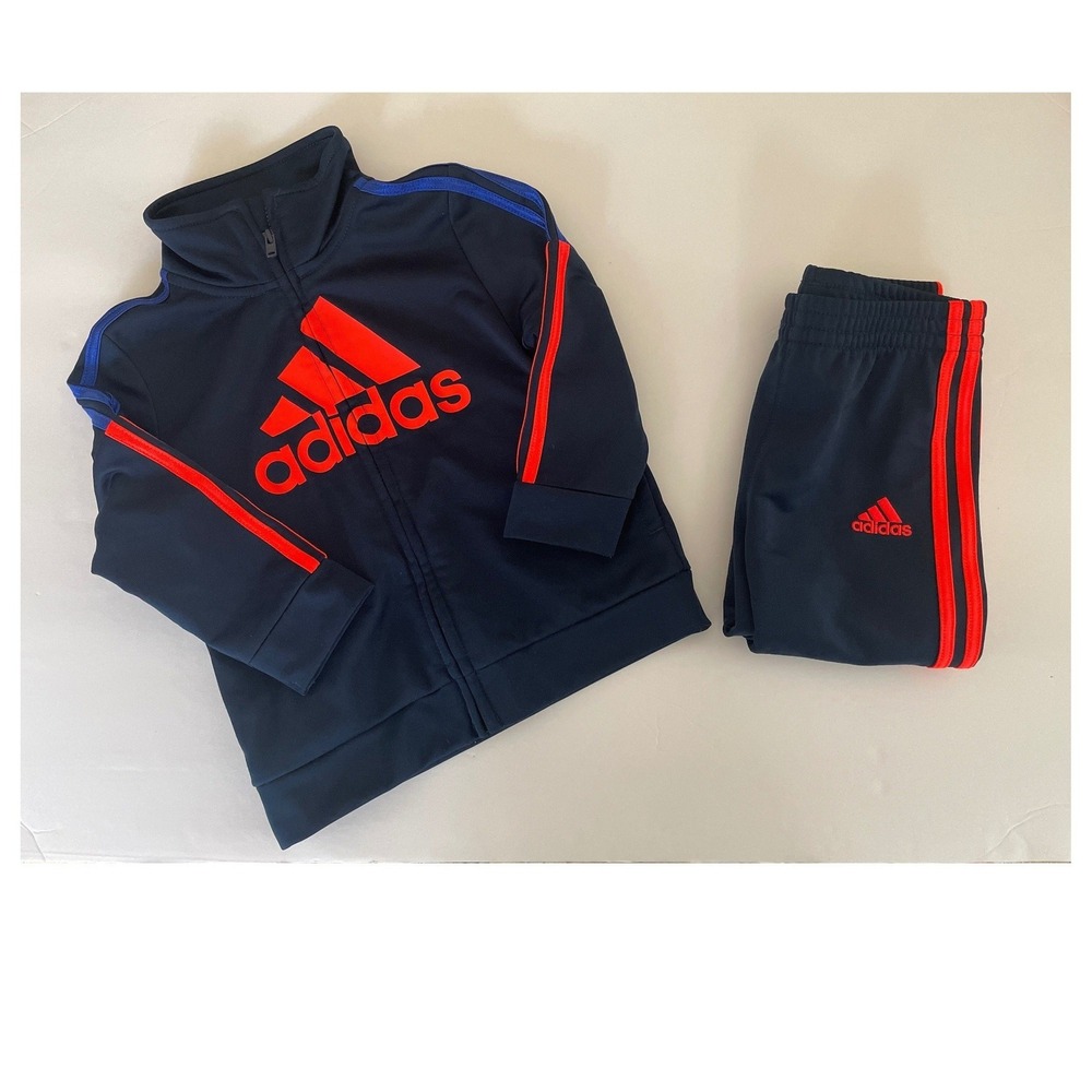 Adidas Toddler Boys Navy Blue Orange 3-Stripe Tracksuit‎ Jacket Pants Set 18M